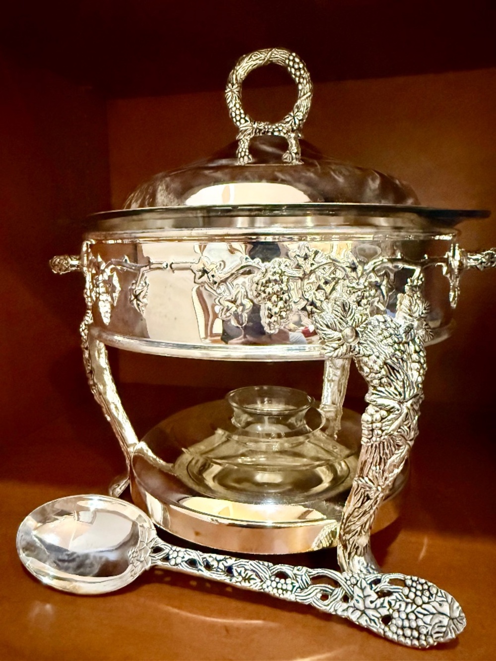 Godinger serving dish with spoon and warmer underneath